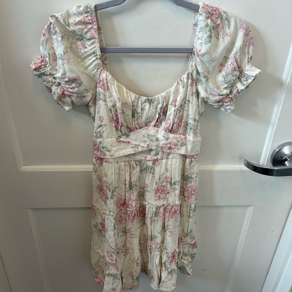 Trixxi Cream Floral Empire-Waist Dress with Pink Roses